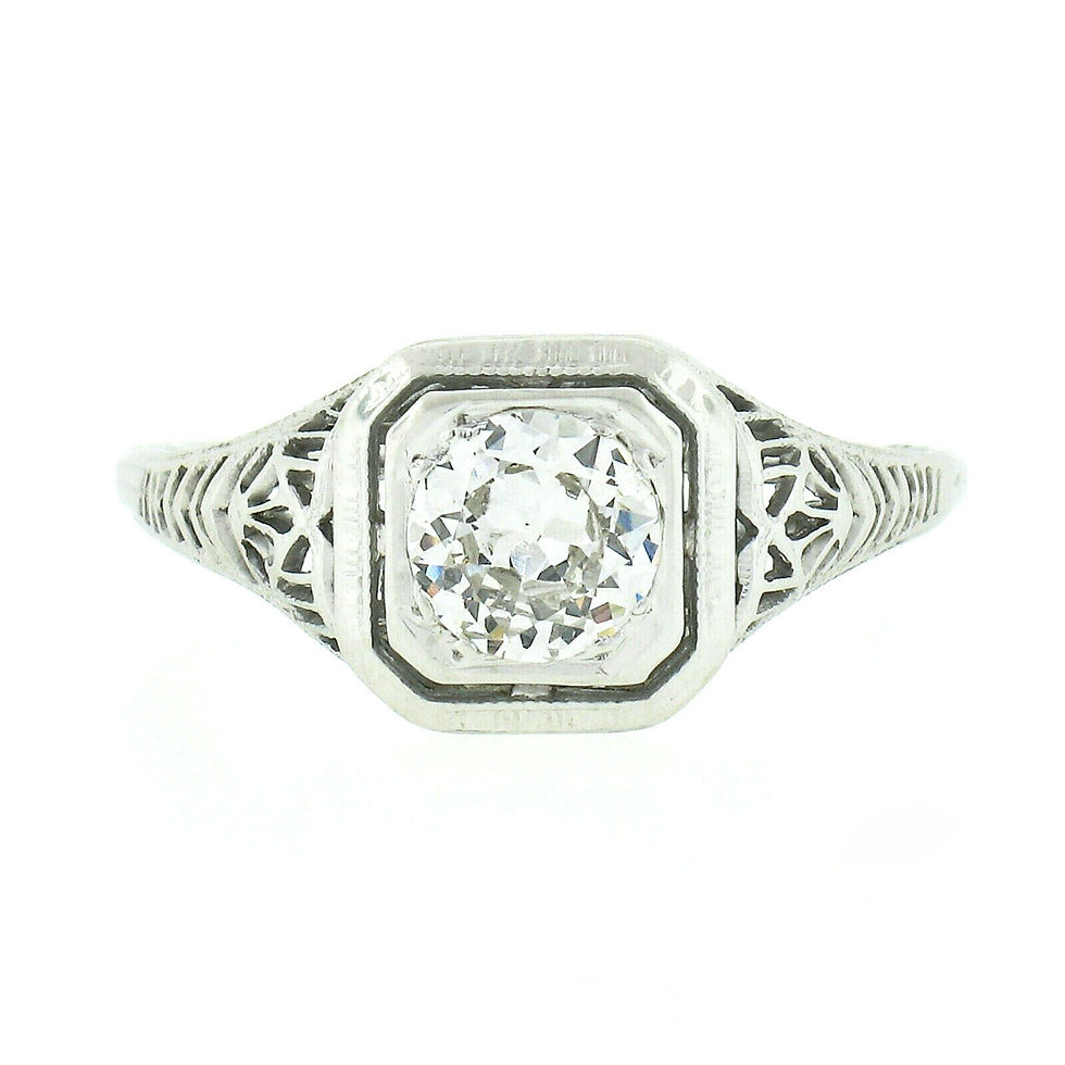 Thumbnail: Antique Art Deco 18k White Gold 0.80ctw Old European Cut Diamond Filigree Ring