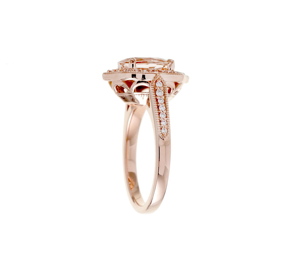 Thumbnail: Vintage Inspired 9x7mm Oval Morganite and Diamond Halo Ring