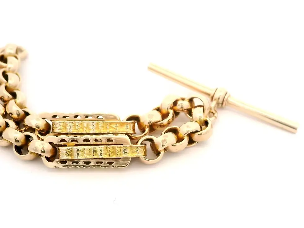Thumbnail: Antique Victorian 9k Gold T Bar Albertina Watch Chain Belcher Rolo Bracelet