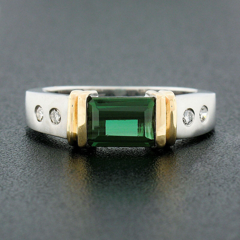 Thumbnail: 14k TT Gold 1.72ctw Rectangular Green Tourmaline Solitaire & Diamond Band Ring
