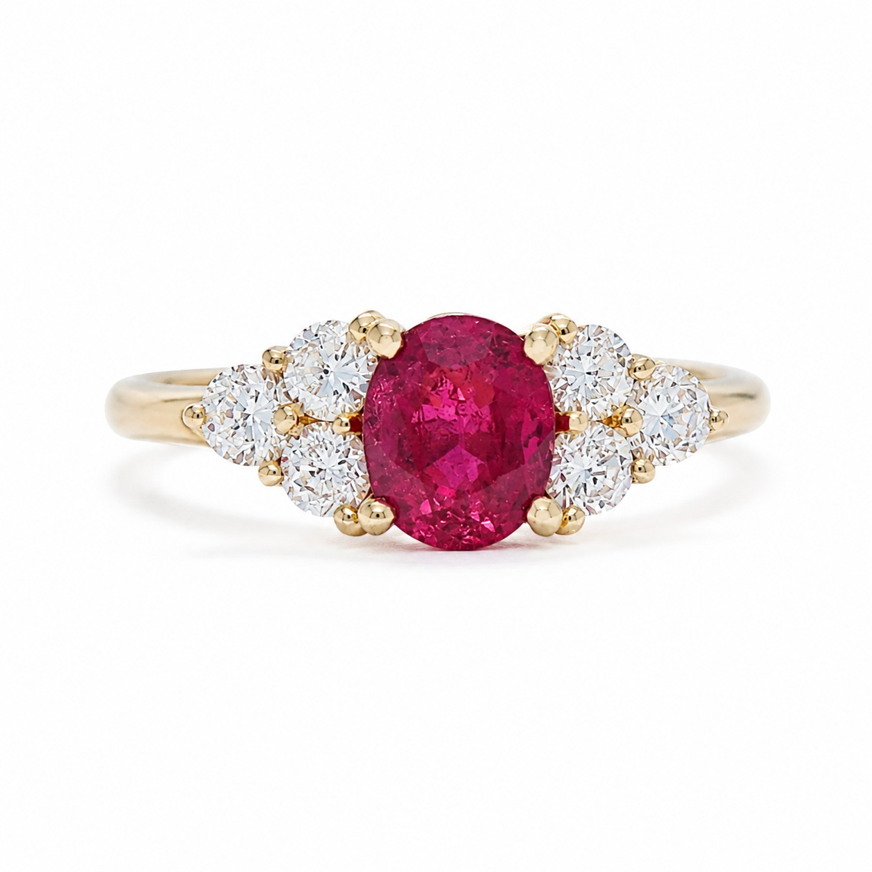 18k Yellow Gold 1.85ctw High Quality Oval Ruby & Diamond Cluster Sides Ring