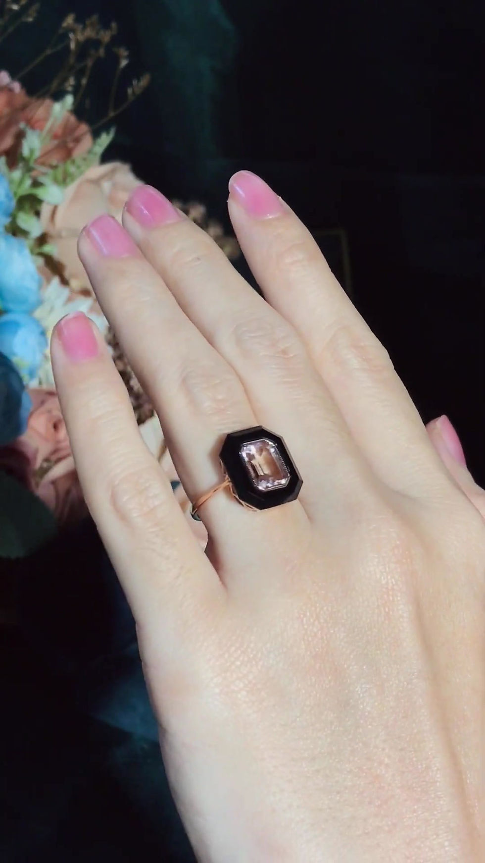 Thumbnail: Art Deco Inspired 14k Rose Gold Carved Onyx and Morganite Slab Ring