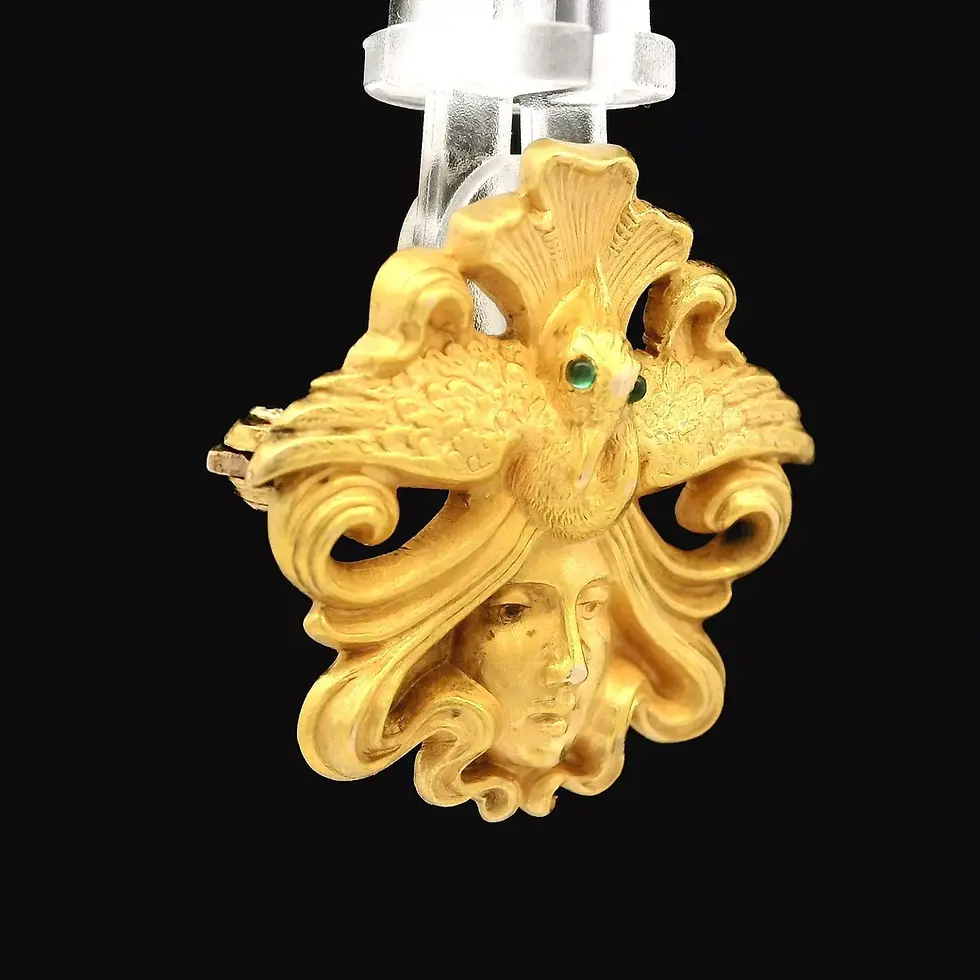 Thumbnail: Antique Art Nouveau 14k Yellow Gold Lady Goddess and Bird Motif Brooch Pendant