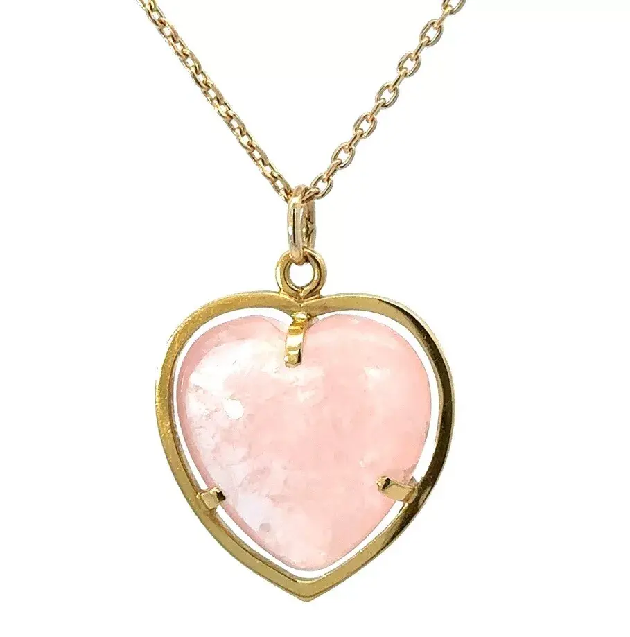 Thumbnail: 18K Yellow Gold Cabochon Healing Rose Quartz Crystal Heart Pendant Necklace