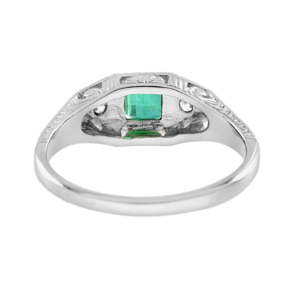 Thumbnail: Art Deco Inspired 18k Gold Square Emerald and Diamond Etched Trilogy Ring