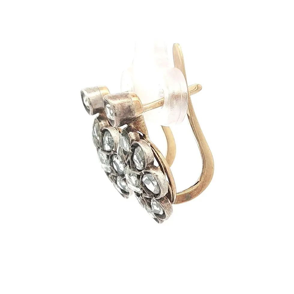 Thumbnail: Antique Solid Gold and Silver Top Pave Rose Cut Diamond Drop Cluster Earrings