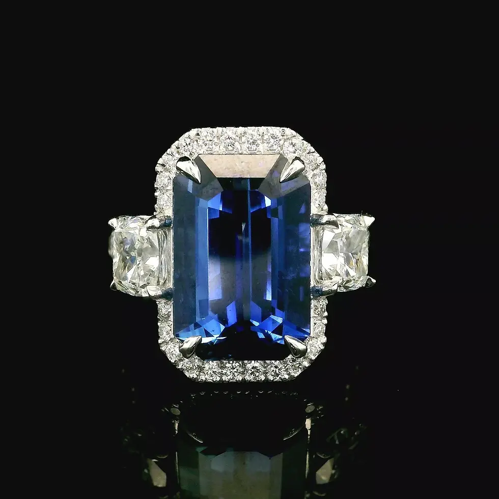 Thumbnail: Modern Platinum 10.19ctw Elongated Emerald Cut Sapphire and Diamond Ring