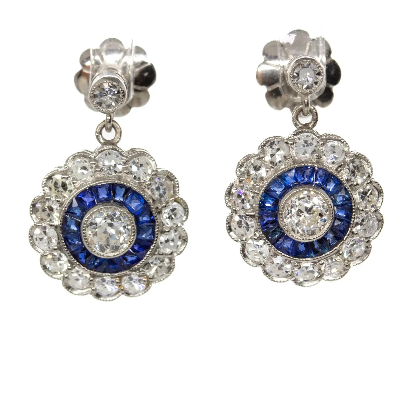 Art Deco Style Platinum 3.20ctw Diamond and Calibre Sapphire Halo Earrings
