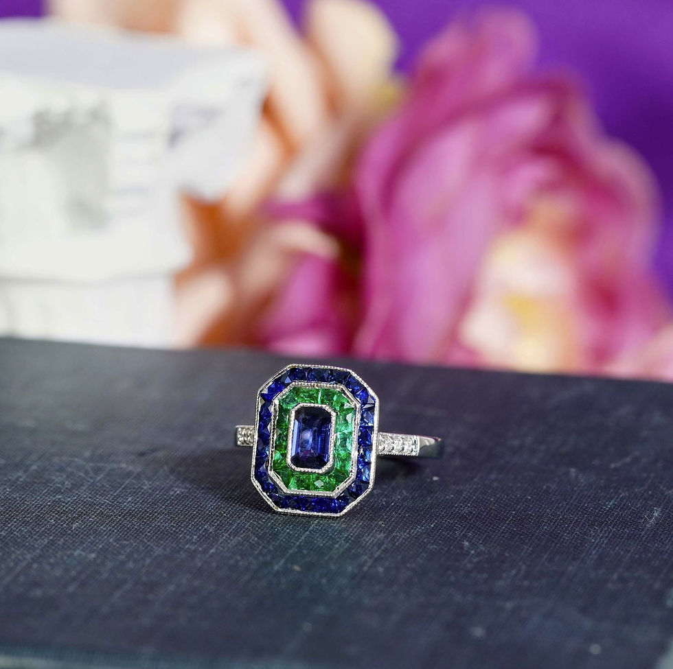 Thumbnail: Art Deco Design 2.41ctw Ceylon Sapphire and Emerald Double Halo Engagement Ring