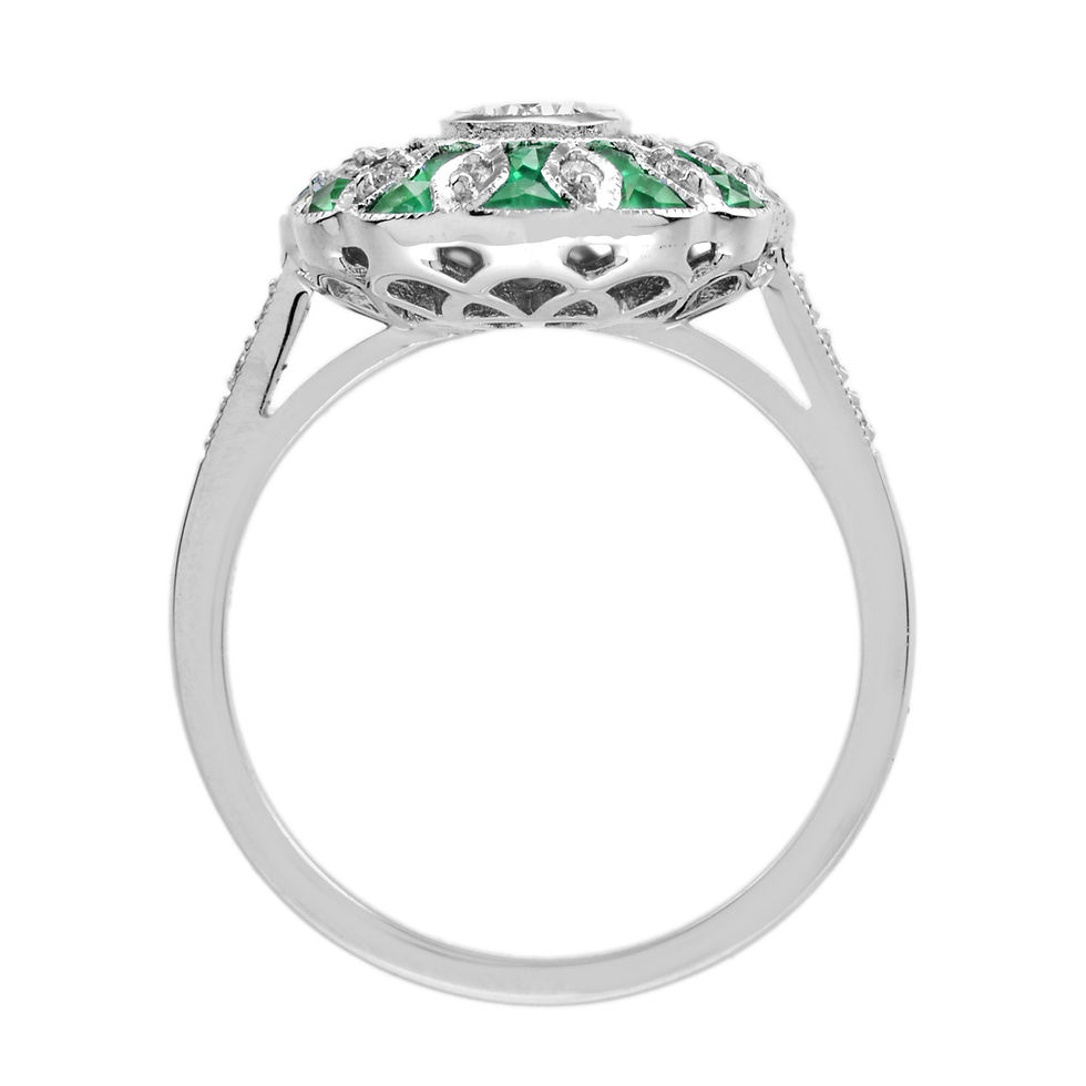 Thumbnail: Art Deco Inspired 18k White Gold 3.16ctw Diamond & Emerald Oval Flower Ring