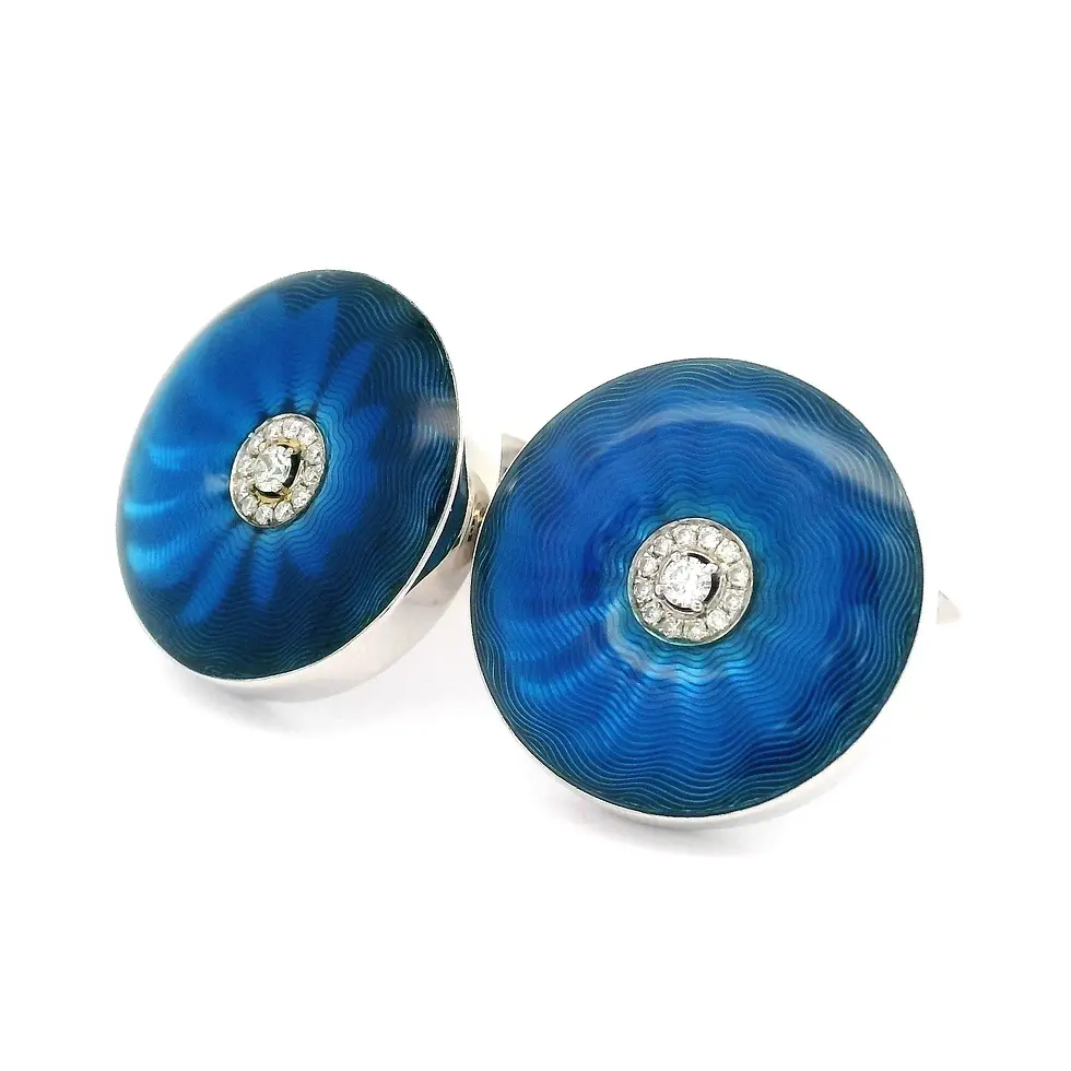 Thumbnail: 18k White Gold Vivid Guilloche Blue Enamel and Diamond Round Button Cufflink