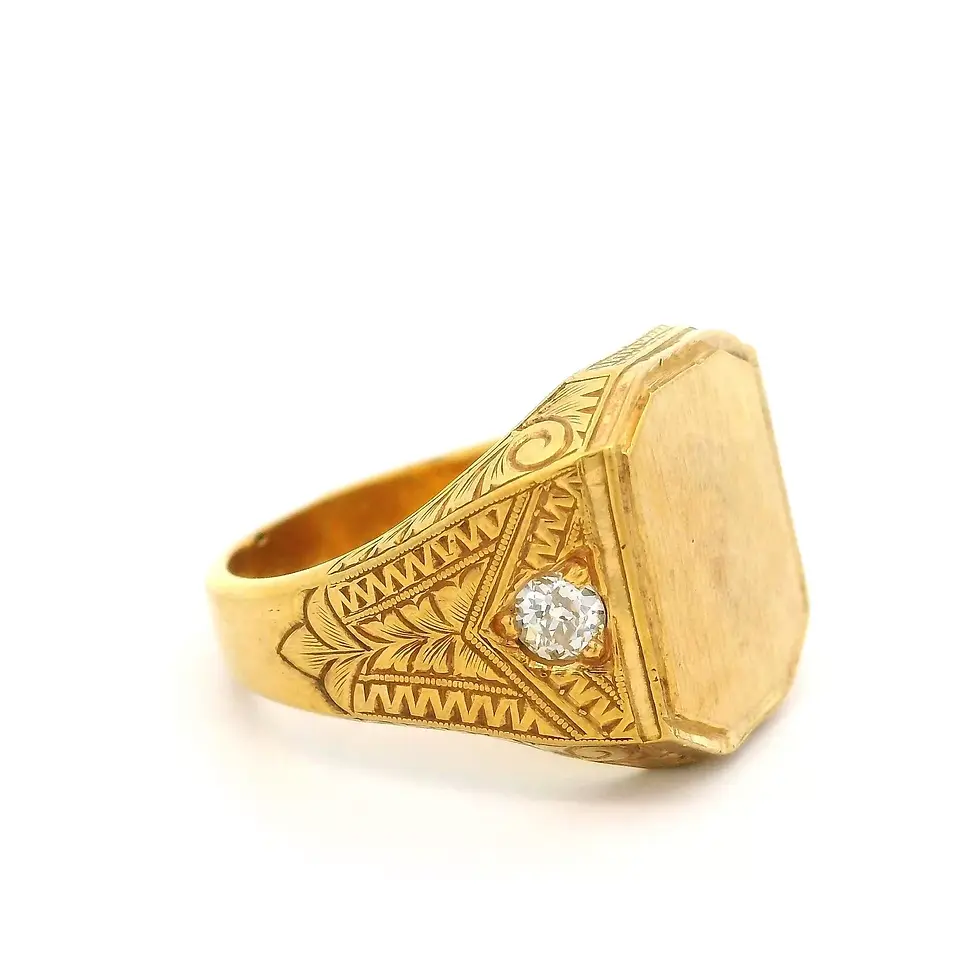 Thumbnail: Antique 18k Yellow Gold 0.35ctw Old European Diamond Hand Engraved Signet Ring