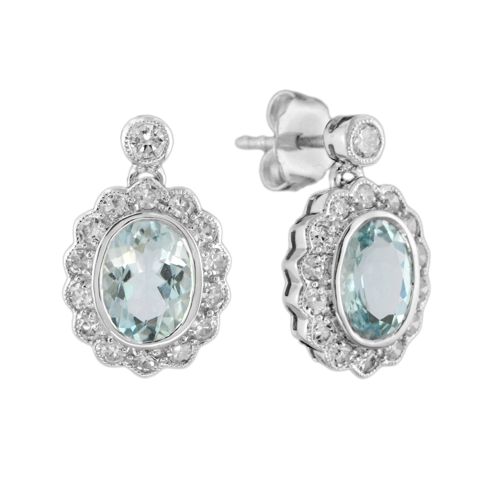 Antique Inspired 14k Gold 3.40ctw Oval Aquamarine & Diamond Halo Drop Earrings
