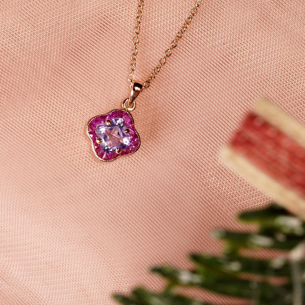 Thumbnail: Vintage Style 9k Rose Gold Lily Cut Amethyst and Ruby Pendant Necklace