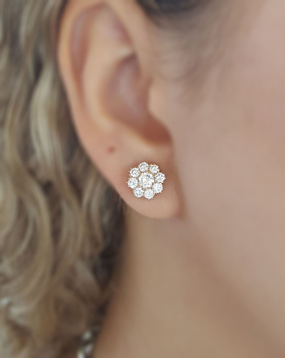Thumbnail: NEW Antique Style 1.60ctw Round Brilliant Diamond Flower Cluster  Earrings Halo