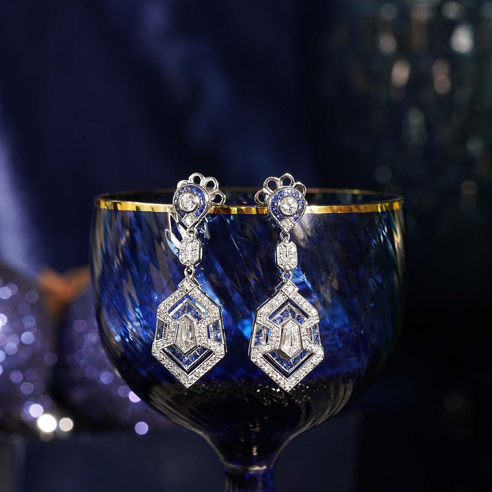 Thumbnail: Art Deco Inspired 3.27ct Diamond Sapphire Calibre Bullet Drop Dang