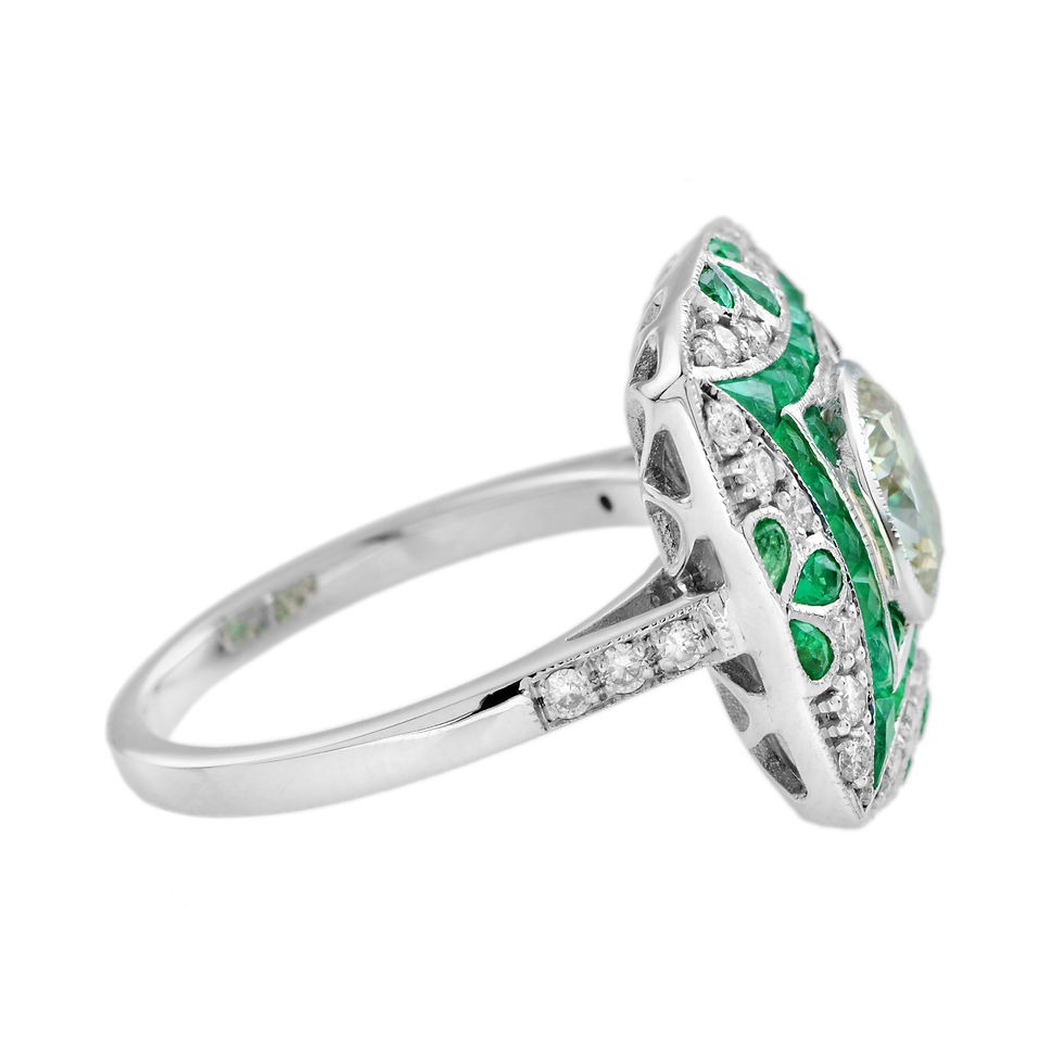Thumbnail: Art Deco Design 3.45ctw Oval Diamond and Emerald Cushion Shape Platter Ring