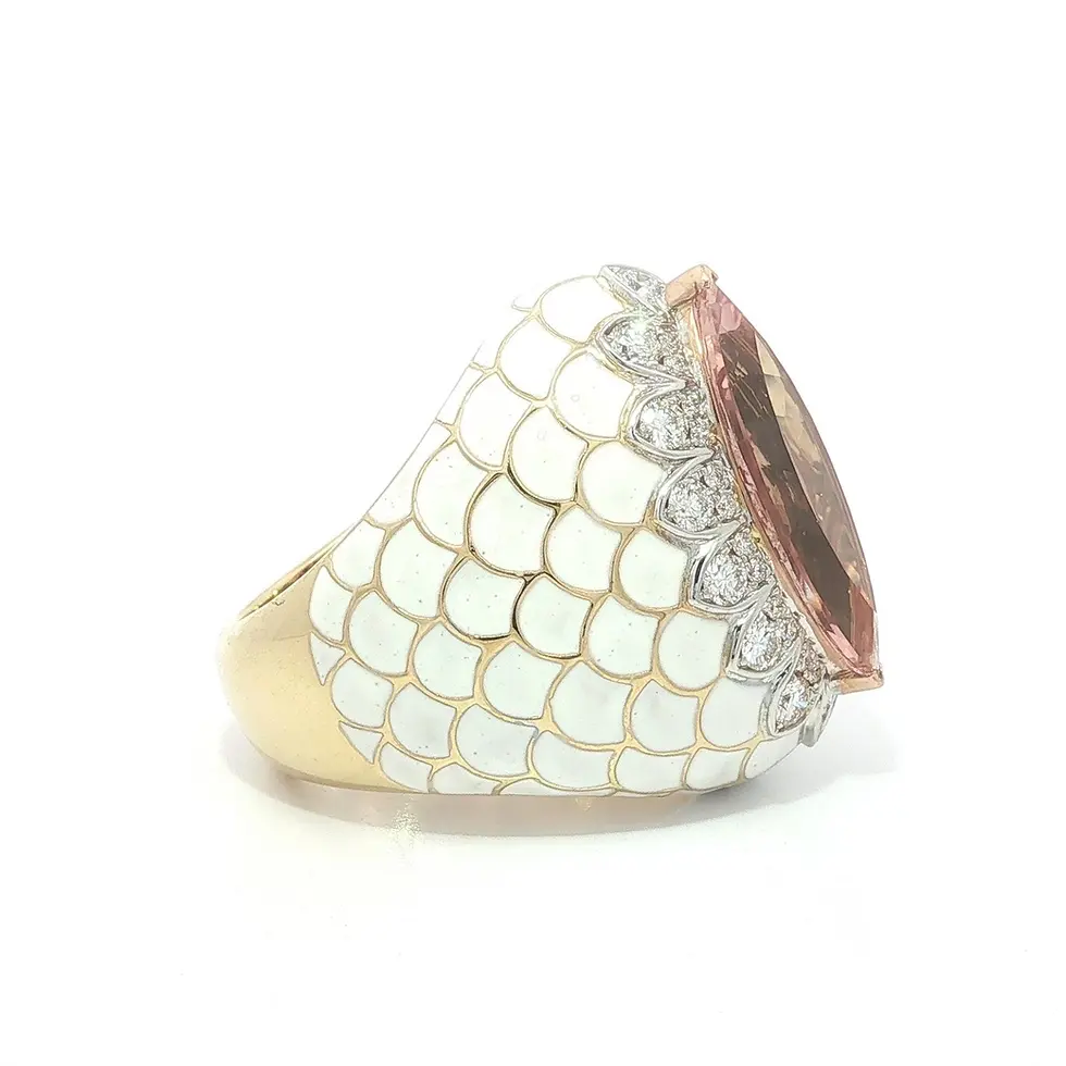 Thumbnail: 18k Gold 6.74ctw Marquise Morganite and Diamond White Enamel Wide Bombe Ring