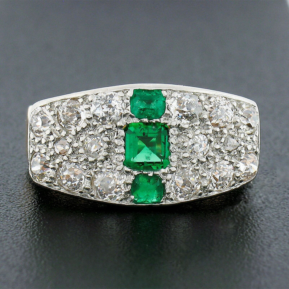 Thumbnail: Antique Edwardian 18k Gold Platinum Diamond & Emerald Open Sides Wide Band Ring