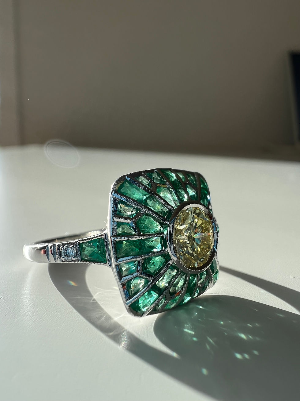 Thumbnail: Art Deco Inspired 18k White Gold Fancy Diamond and Emerald Cluster Platter Ring
