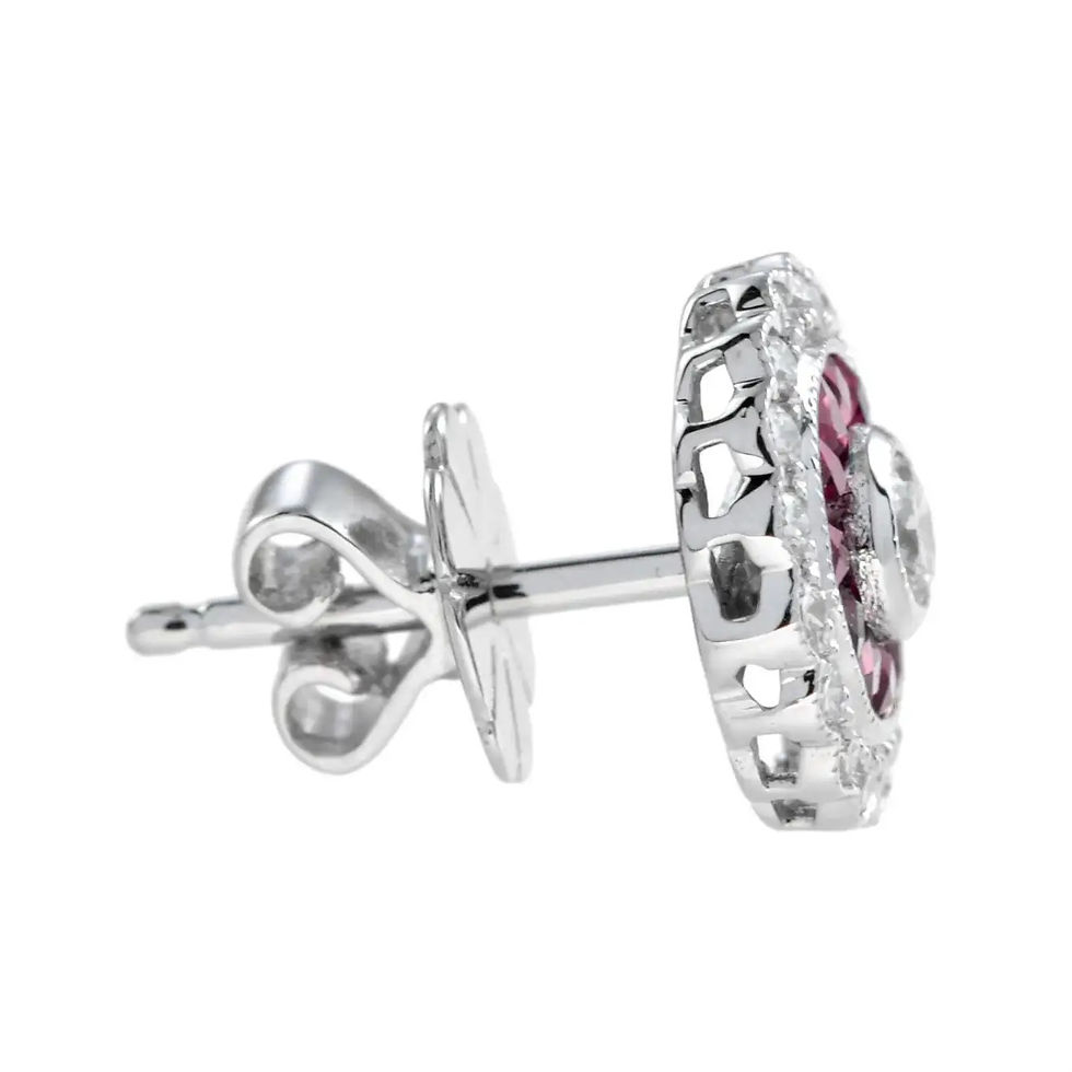 Thumbnail: Art Deco Inspired 14k White Gold Diamond and Ruby Target Stud Earrings