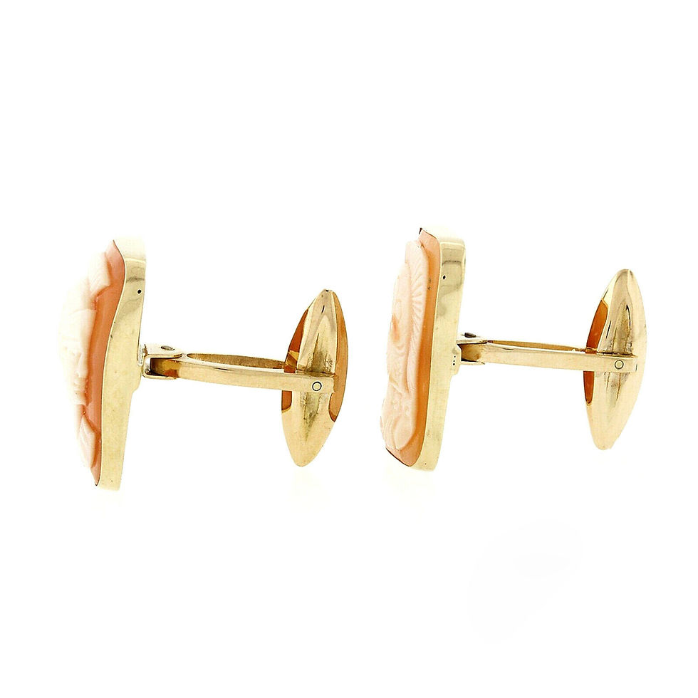 Thumbnail: Vintage 18k Gold Rectangular Carved Shell Cameo Trojan Knight Cuff Links