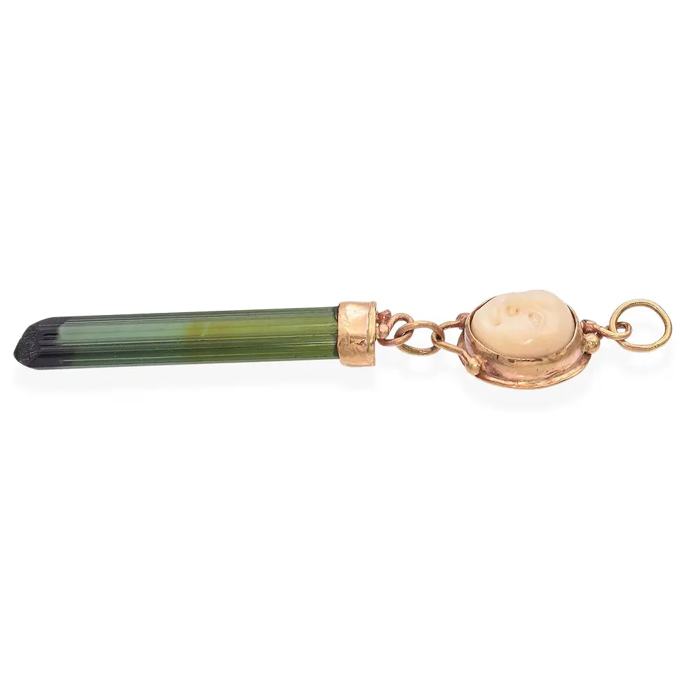 Thumbnail: Vintage 14K Gold Carved Bone Moon and Green Tourmaline Pendant – One of a Kind