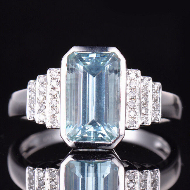 Thumbnail: Art Deco Inspired  11x6mm Emerald Cut Aquamarine and Diamond Ring