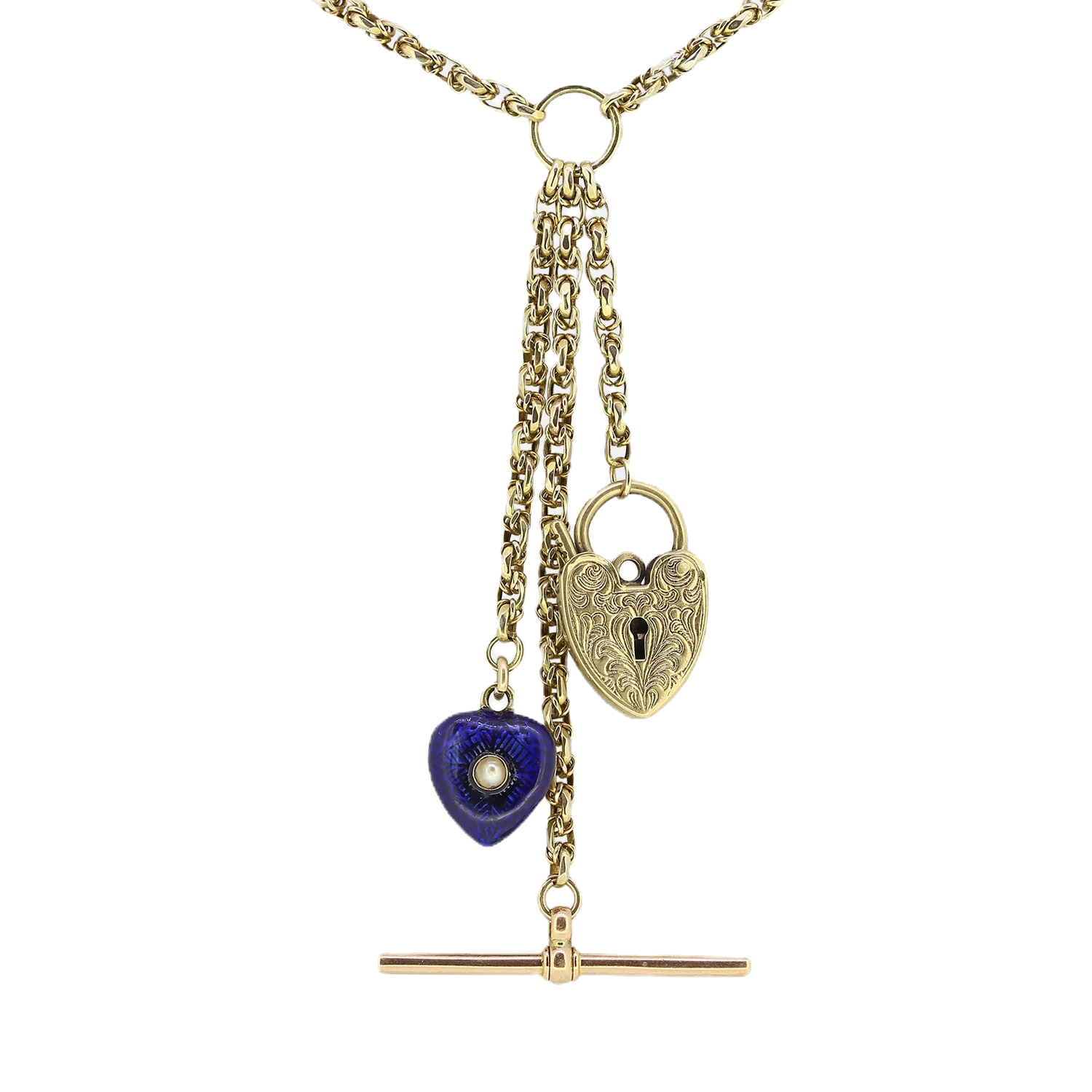 Vintage 9k Yellow Hold Trio Charm Necklace Blue Heart Padlock T-Bar