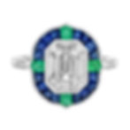Art Deco Inspired 18k Gold 2.77ctw Diamond Illusion Set Emerald Sapphire Ring