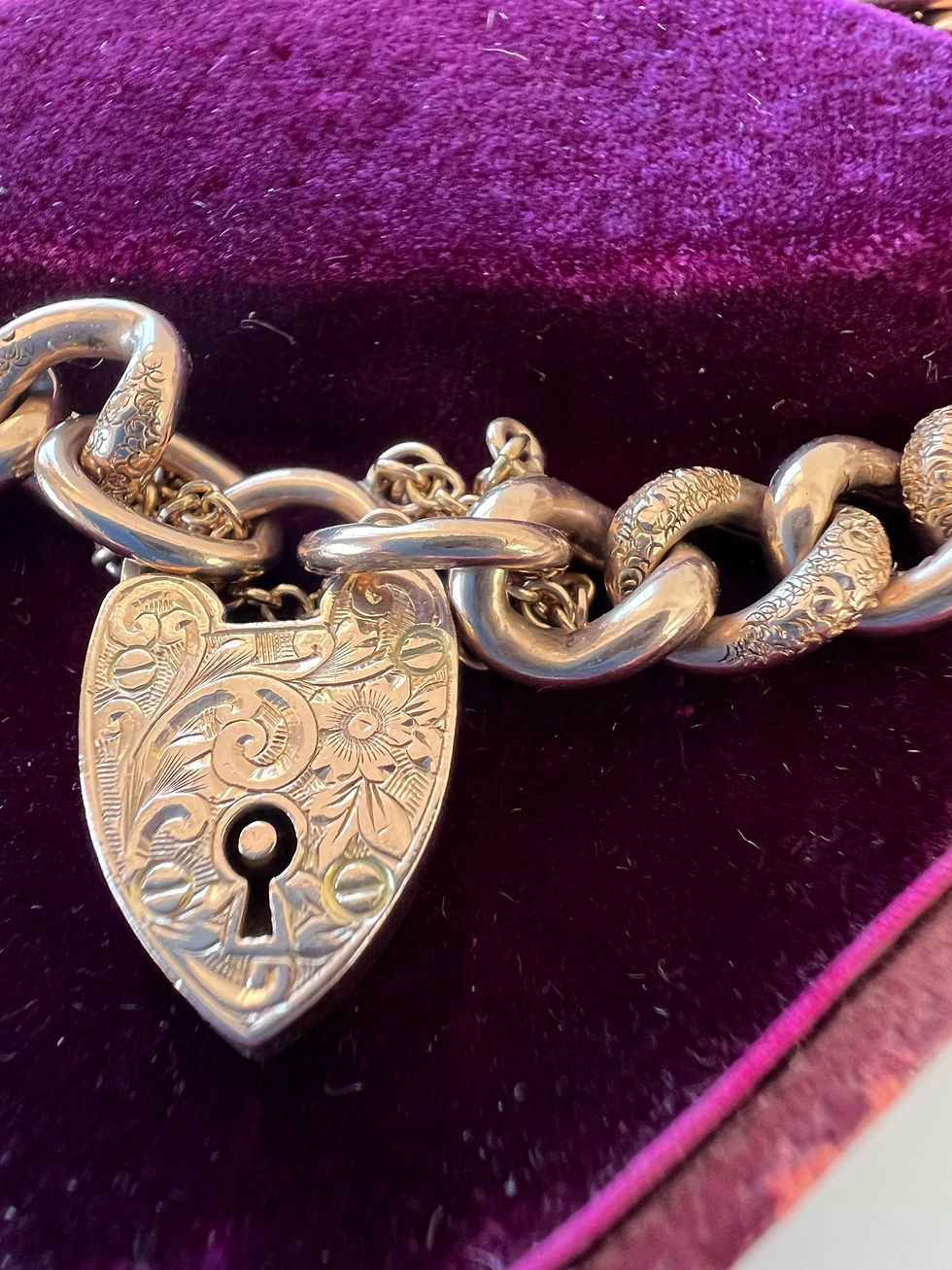 Thumbnail: Antique Victorian 9ct Rose Gold Padlock Heart 12mm Wide Curb Charm Bracelet