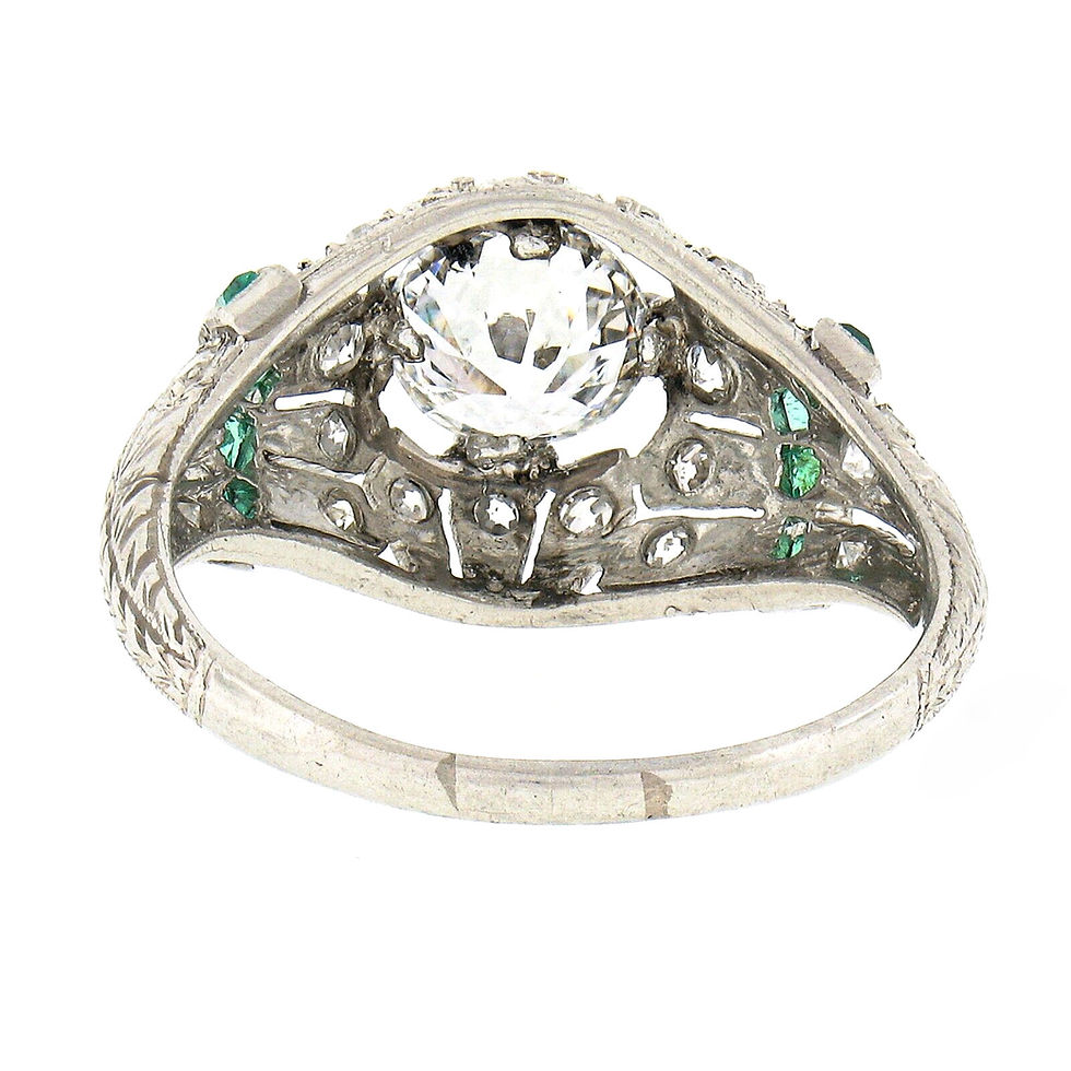 Thumbnail: Antique Art Deco Platinum 1.53ctw European Diamond  Emerald Milgrain Domed Ring