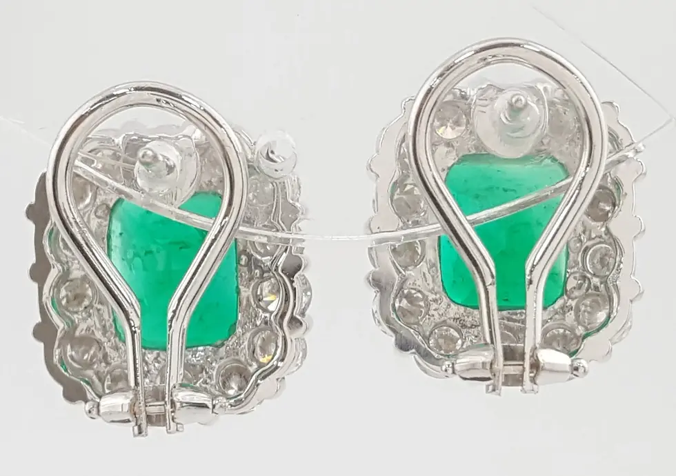 Thumbnail: 18k White Gold 8.27ctw Colombian Green Emerald and Diamond Halo Earrings
