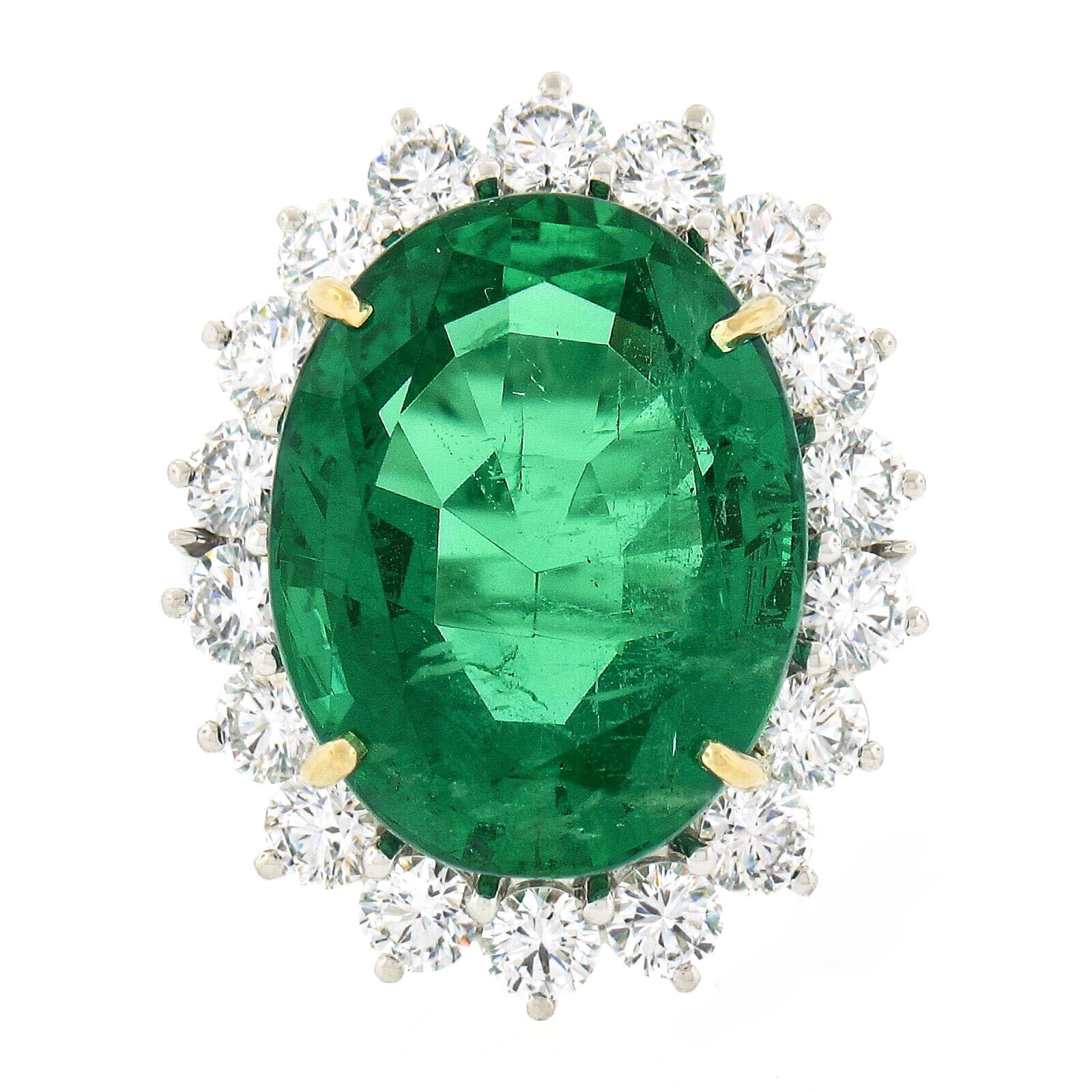 Platinum 18k Gold 17.34ctw Large Oval Emerald and Diamond Halo Cocktail Ring