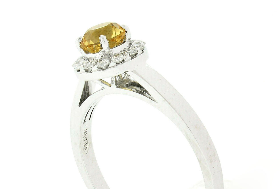 Thumbnail: NEW 14K White Gold 0.96ctw Ceylon Yellow Sapphire Solitaire w/ Diamond Halo Ring