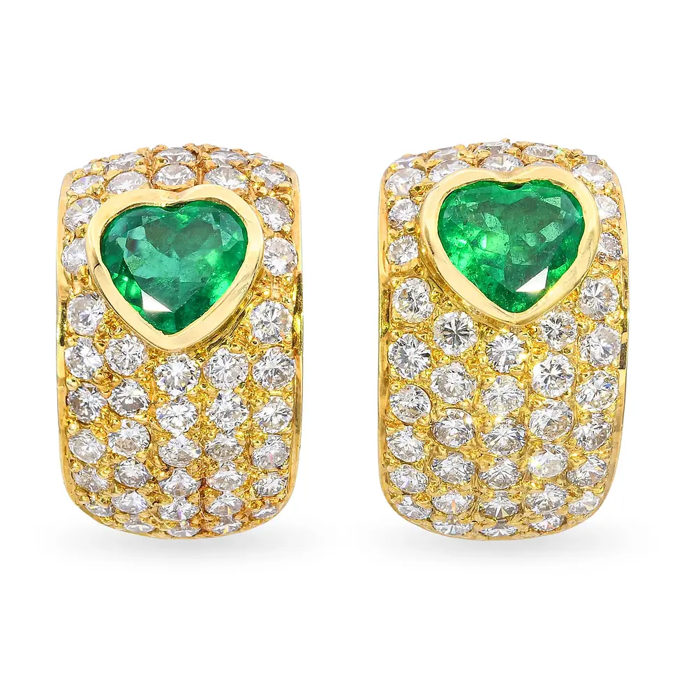 Vintage 18kYellow Gold 6.11ctw Heart Emerald and Diamond Cluster Cuff Earrings