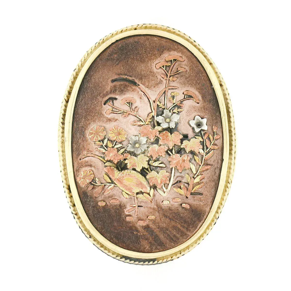 Vintage 14K Gold Copper Large Oval Floral Bird Scene Twisted Frame Ring
