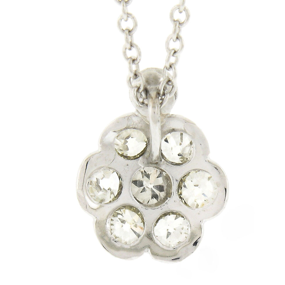 Thumbnail: Antique Art Deco 18K White Gold 0.60ctw Old Cut Diamond Flower Cluster Pendant with Chain