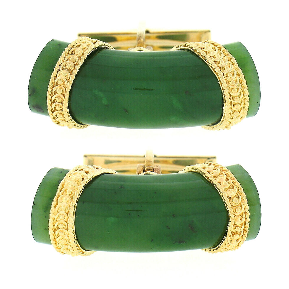 Thumbnail: Vintage 14k Yellow Gold Curved Tube Jade Greenstone Swivel Cuff Links