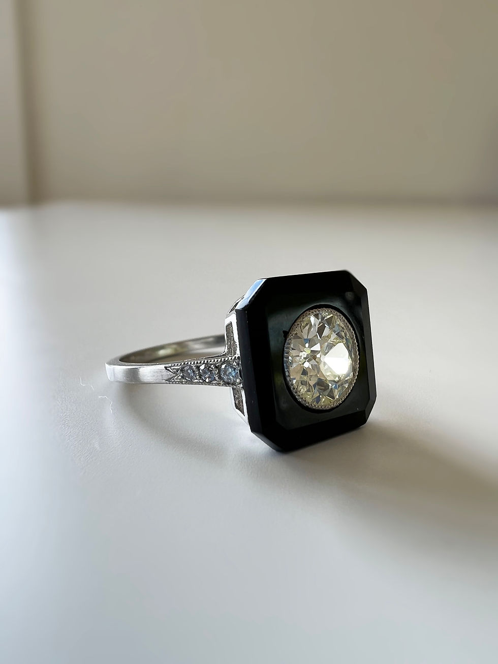 Thumbnail: Vintage Art Deco Style Carved Black Onyx & Diamond Solitaire Engagement Ring