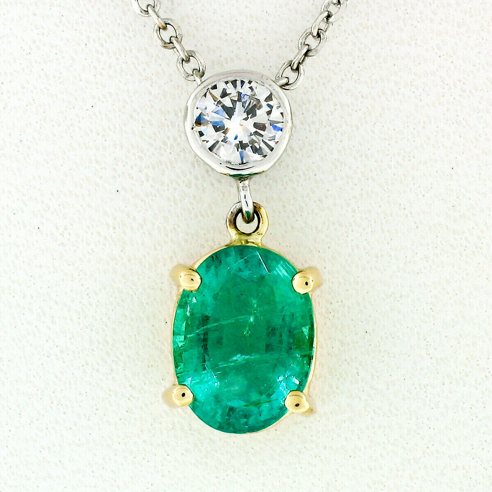 Thumbnail: 14K Two Tone Gold 1.44ct Oval Emerald & Diamond Drop Pendant Necklace