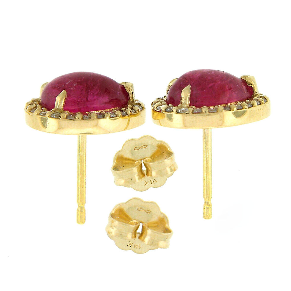 Thumbnail: NEW 14K Yellow Gold 2.98ct Pear Cabochon Ruby w/ Pave Diamond Halo Stud Earrings