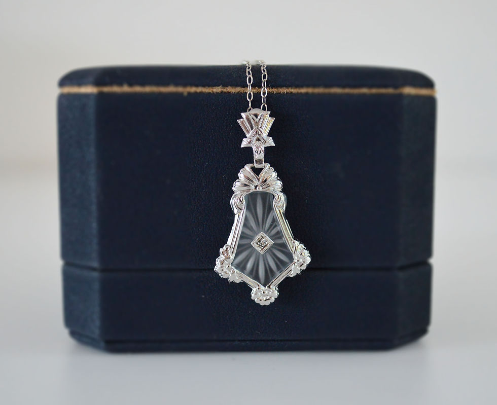 Thumbnail: Antique Art Deco 14K Gold Camphor Glass Diamond w/ Floral Frame Pendant Necklace