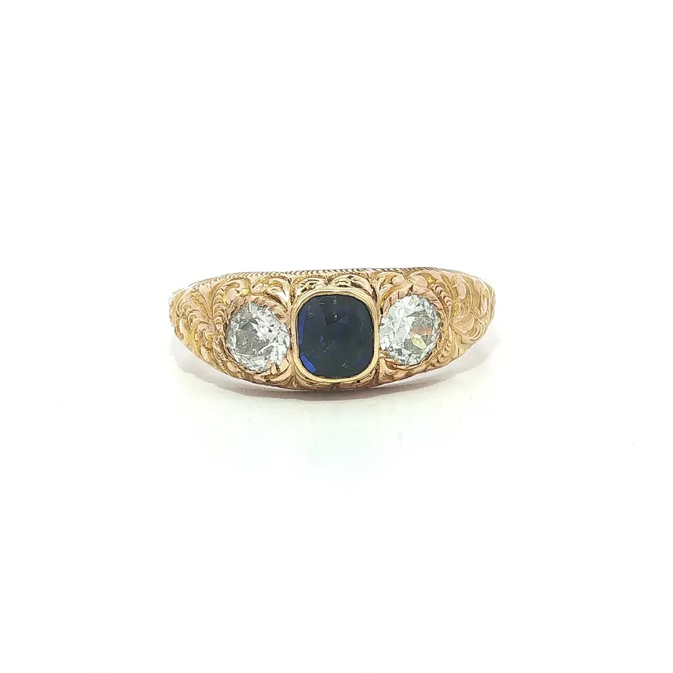 Thumbnail: Antique Victorian 1.82ctw Old Cut Diamond and Sapphire Repousse 3 Stone Ring