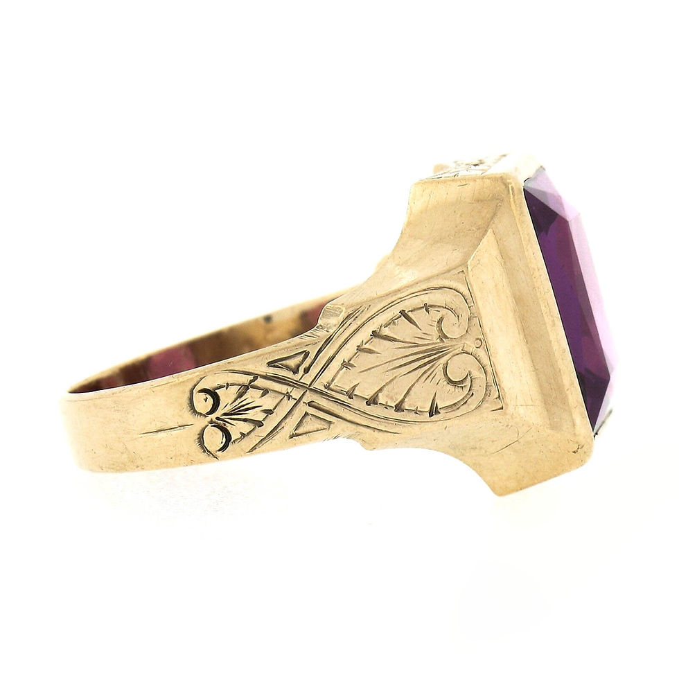 Thumbnail: Antique 10k Gold Rectangular Bezel Set Purple Stone Solitaire Hand Engraved Ring