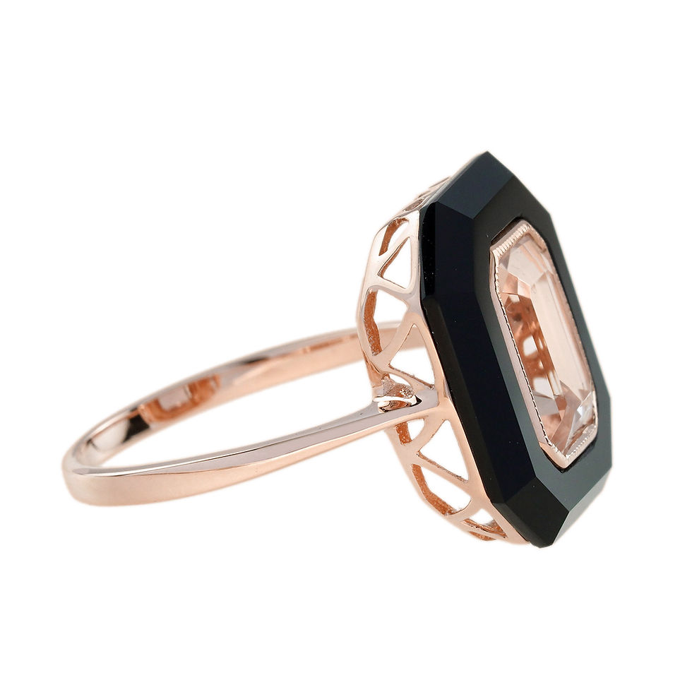 Thumbnail: Art Deco Inspired 14k Rose Gold Carved Onyx and Morganite Slab Ring