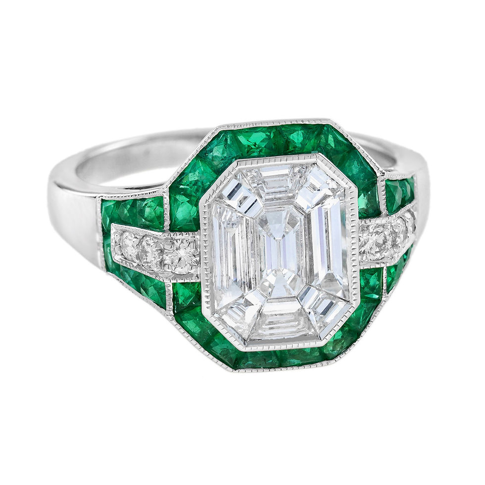 Thumbnail: Art Deco Inspired 18k Gold 2.69ctw Diamond and Emerald Illusion Set Ring