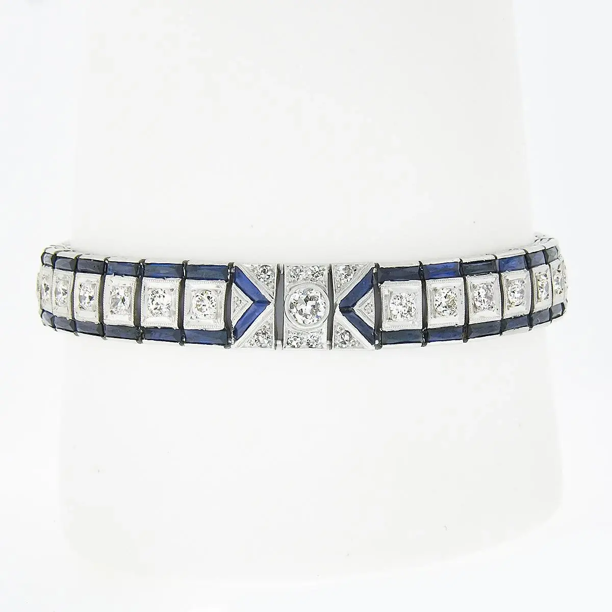 Antique Art Deco Platinum Old European Diamond & Sapphire Line Bracelet