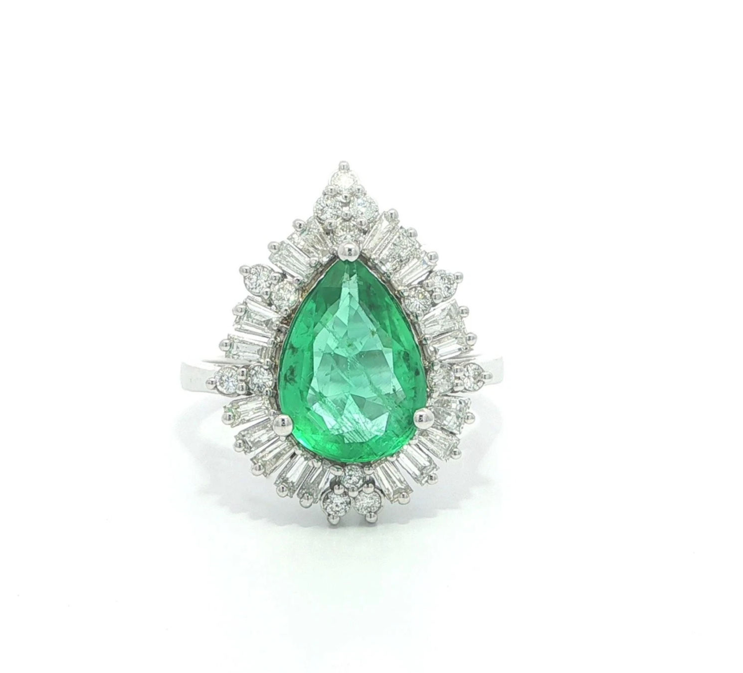 18k White Gold 3.01ctw Pear Cut Minor Oil Emerald w Diamond Ballerina Ring
