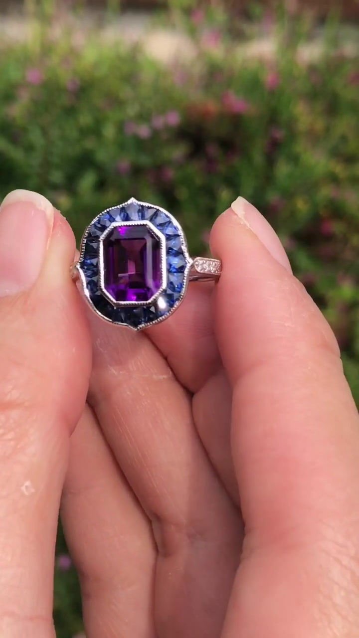 Thumbnail: Art Deco Style 14k Rose Gold 4.40ctw Amethyst and Sapphire Halo Ring